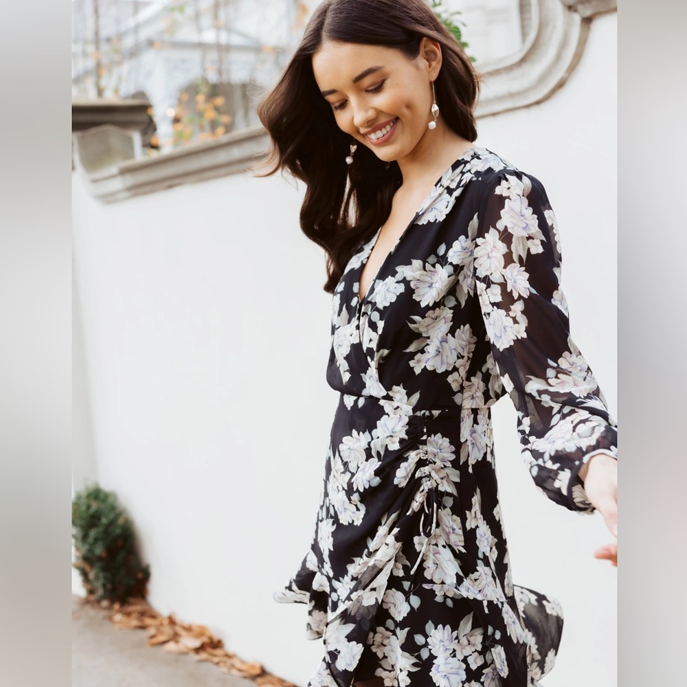 Black & White Floral Kimono Wrap Dress